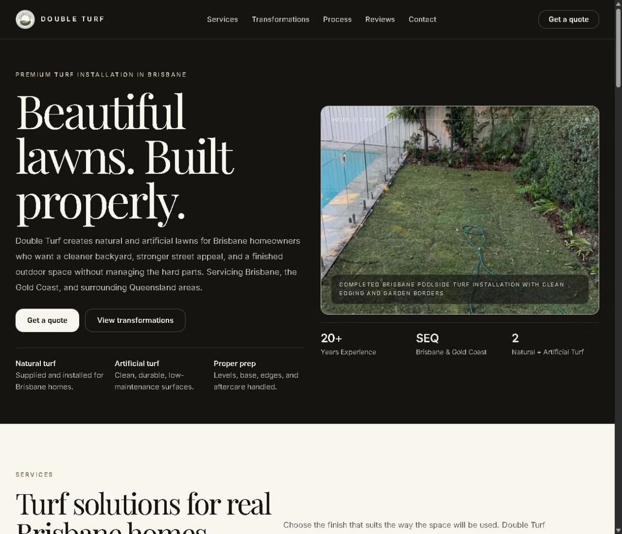 Double Turf website homepage with its Beautiful lawns. Built properly. headline, navigation and quote links
