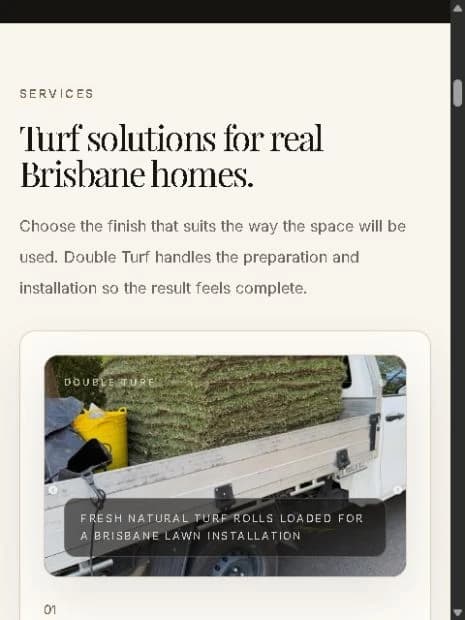 Double Turf services website section with its turf solutions heading and service card