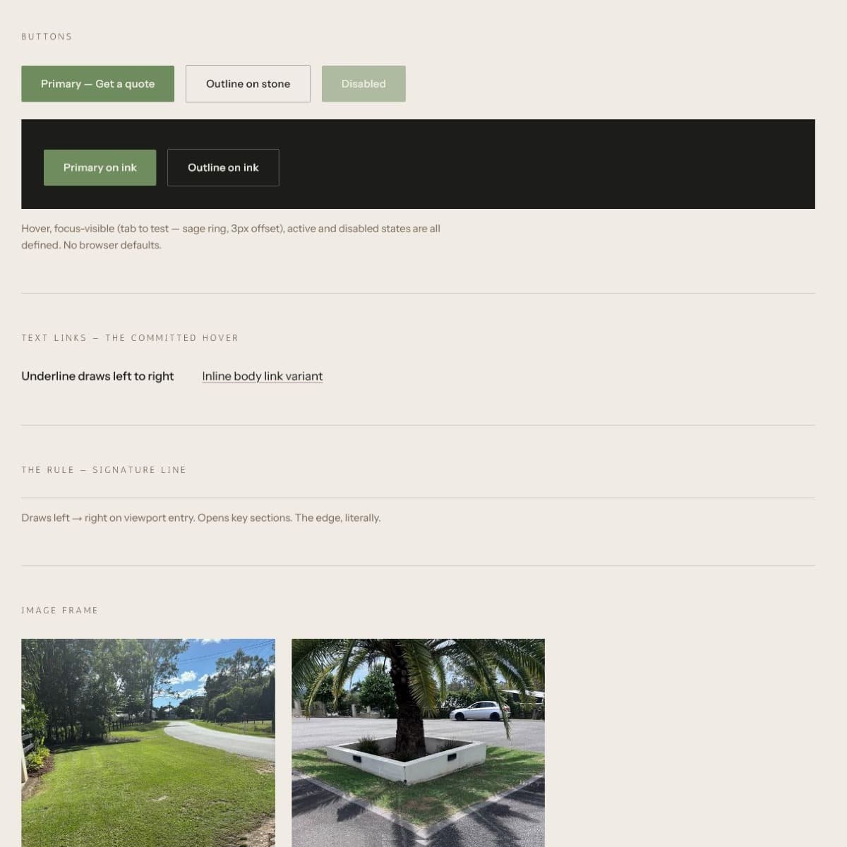Cropped Edge Grade style guide showing buttons, links, rules and photography treatment