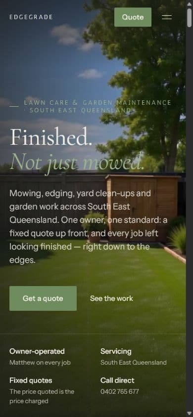Edge Grade mobile website hero with quote and work actions