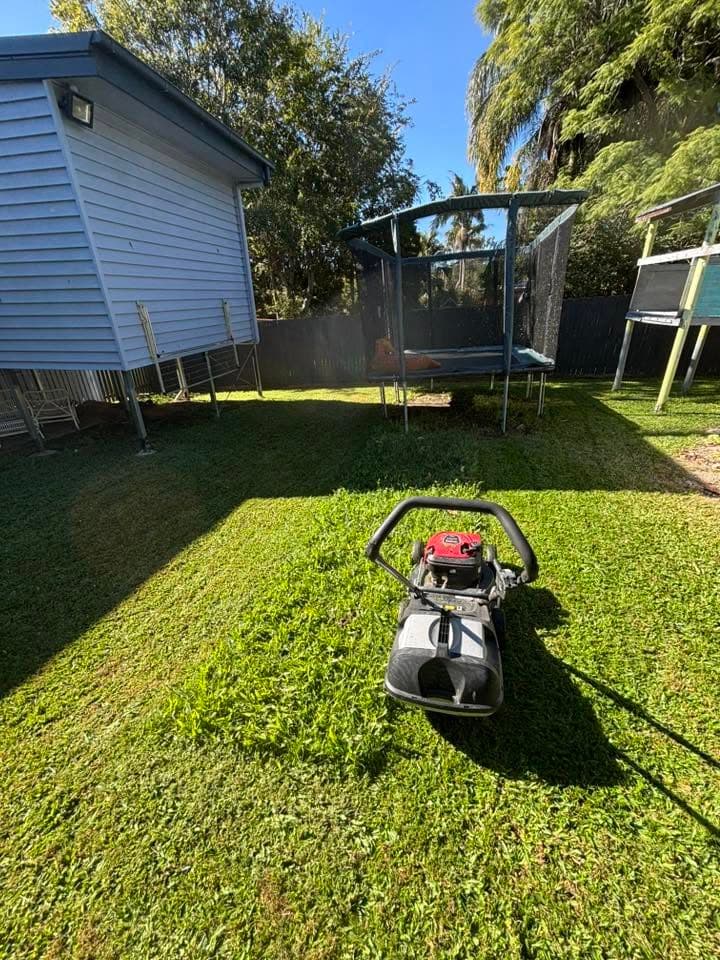 Mower on a freshly cut backyard lawn