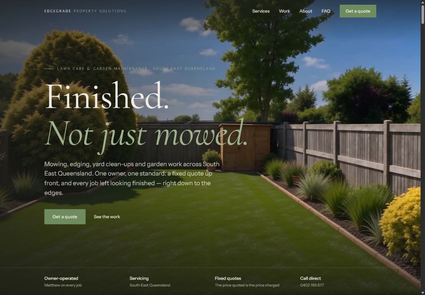 Edge Grade website hero presenting the Finished. Not just mowed. position
