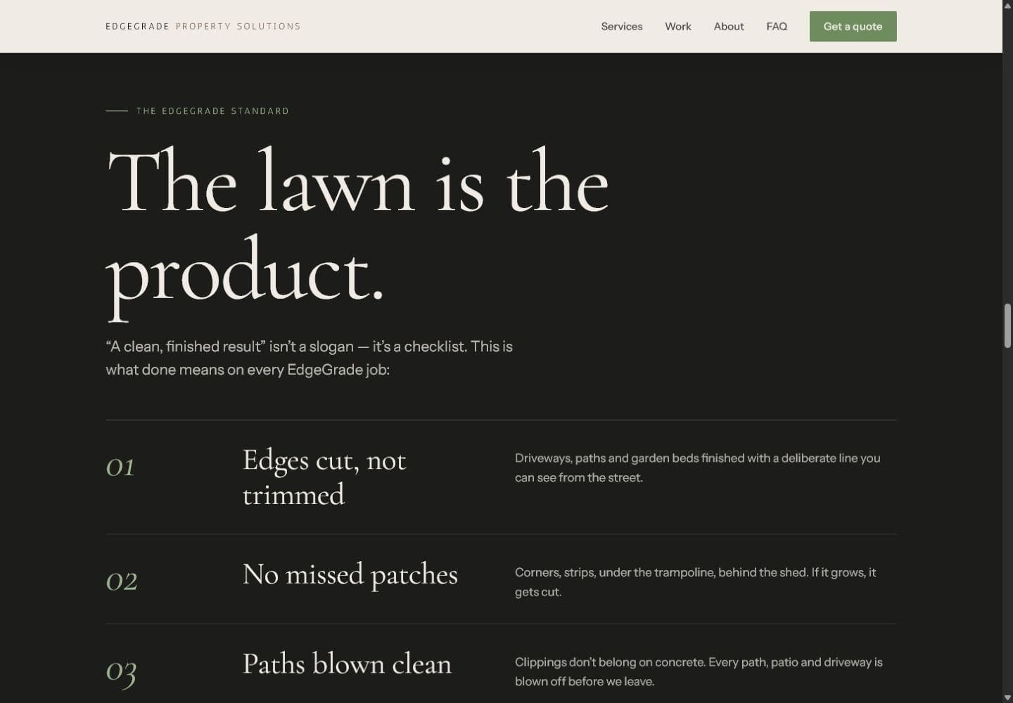 Edge Grade website section defining the lawn as the product and showing the finish checklist