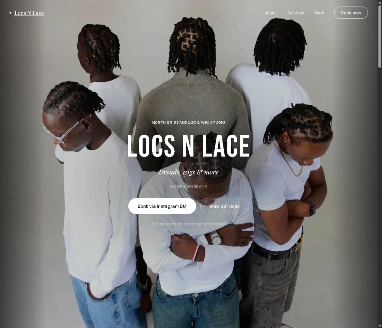 Locs N Lace website homepage with studio branding, navigation and service and booking links